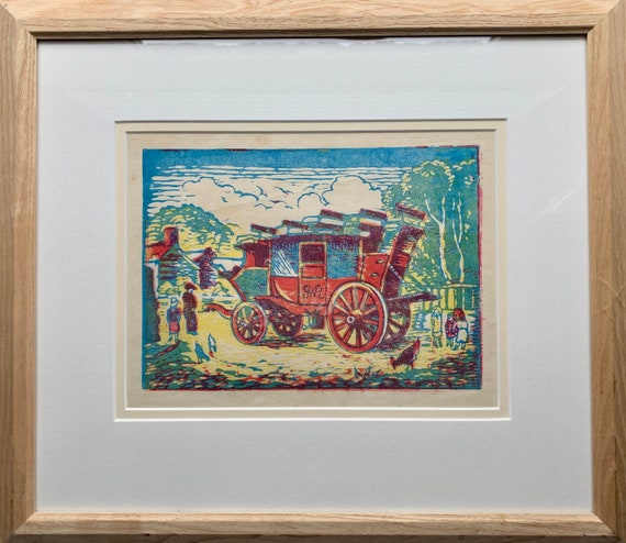Mabel Allington Royds (1874-1941) woodcut in colour of GWR stagecoach.