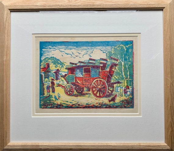 Mabel Allington Royds (1874-1941) woodcut in colour of GWR stagecoach.