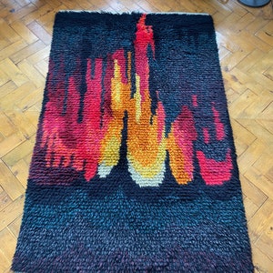 Vintage Scandinavian "Marsugn" by J. Starling Ryamatta shag pile woollen rug flame reds and yellow circa 1969