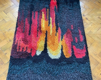 Vintage Scandinavian "Marsugn" by J. Starling Ryamatta shag pile woollen rug flame reds and yellow circa 1969