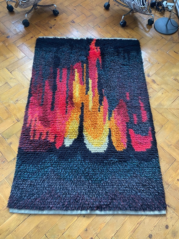 Vintage Scandinavian "Marsugn" by J. Starling Ryamatta shag pile woollen rug flame reds and yellow circa 1969