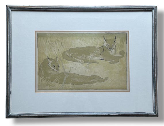 Elsie Henderson, Baroness De Coudenhove 1880-1967 two Pumas coloured lithograph