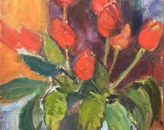 Slade school oil on canvas board red tulips in a vase by Joy Stewart circa 1980's