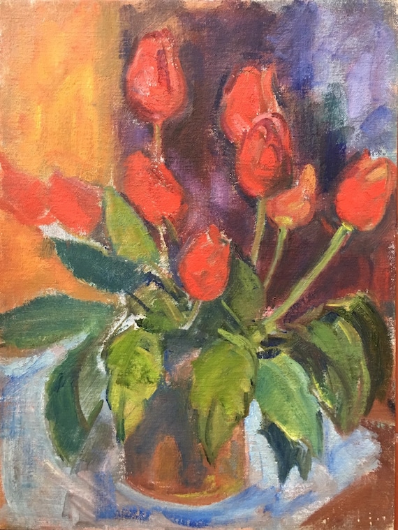 Slade school oil on canvas board red tulips in a vase by Joy Stewart circa 1980's