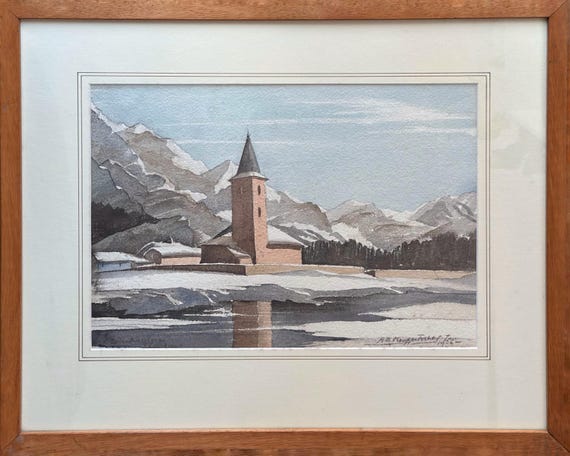 Arthur Bedford Knapp Fisher ( 1888-1965) watercolour of The Church of St Lorentz, Sils Baselgia, Switzerland 1935