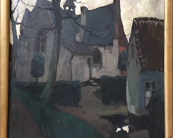 Jozef van Hooste (1884-1940) grote olie op doek, genaamd 'De oude kerk' gedateerd 1927 expressionistische stijl