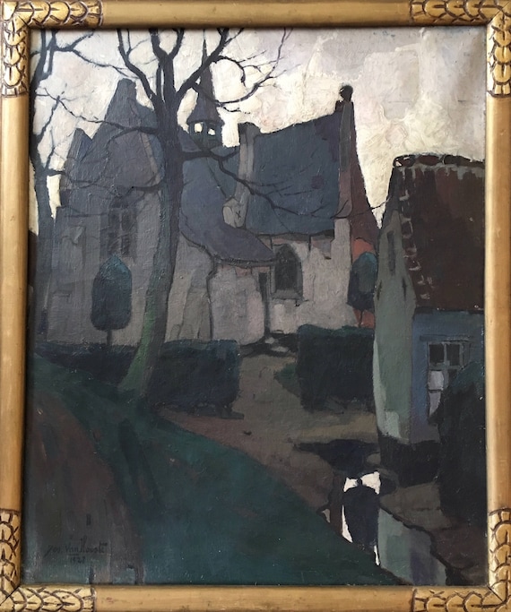 Jozef van Hooste (1884-1940) large oil on canvas called 'The old Church' dated 1927 expressionist style