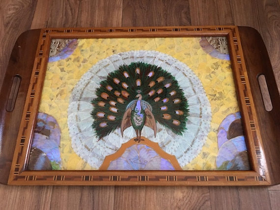 Brazilian Hardwood marquetry tray with butterfly and moth wing inlaid decoration