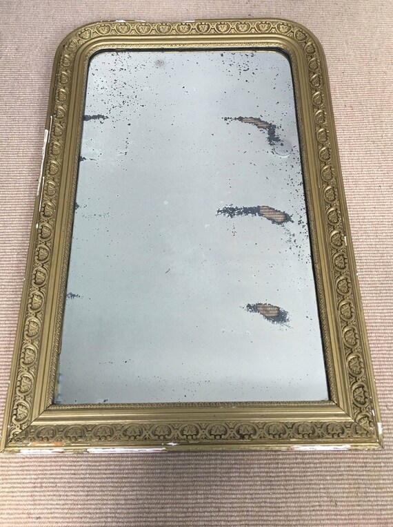 Vintage French Distressed Mercury Mirror In Gold Gesso And Wood Frame
