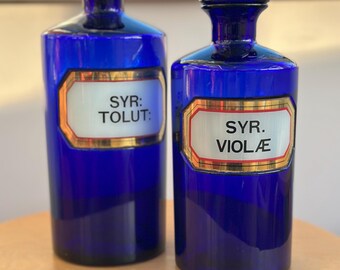 mid Victorian Bristol blue apothecary jars with stoppers