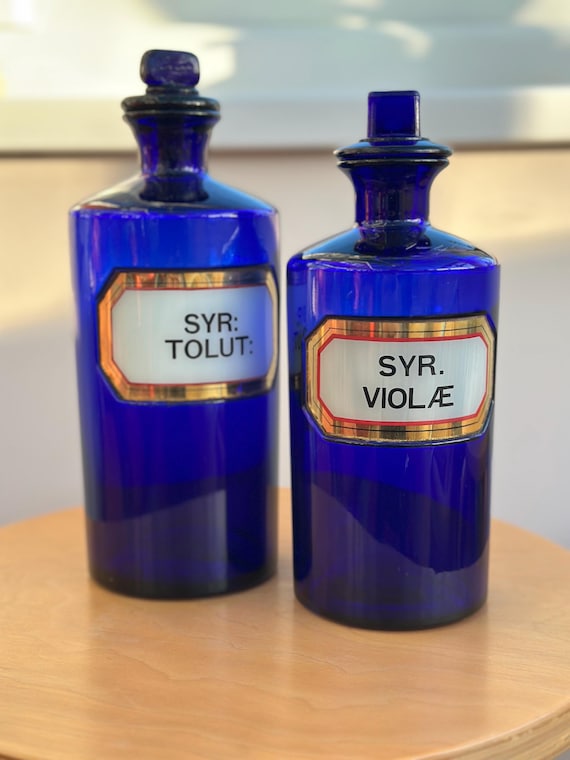 mid Victorian Bristol blue apothecary jars with stoppers