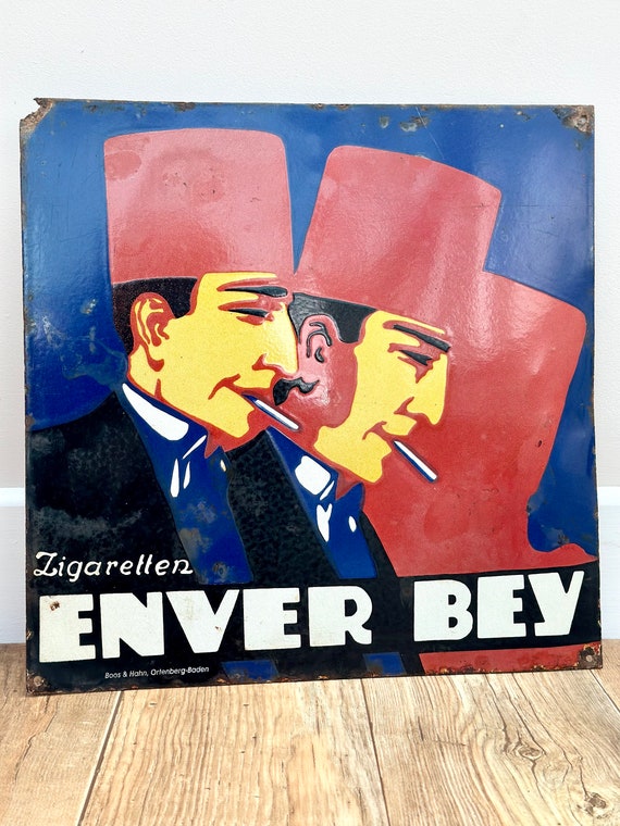 vintage Cigarette advertising Enver Bey fez enamel sign