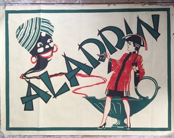 Vintage Art deco theatre poster advertising Aladdin and the Genie