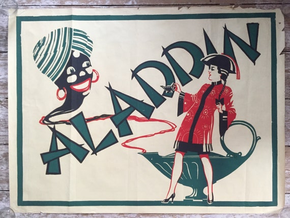 Vintage Art deco theatre poster advertising Aladdin and the Genie