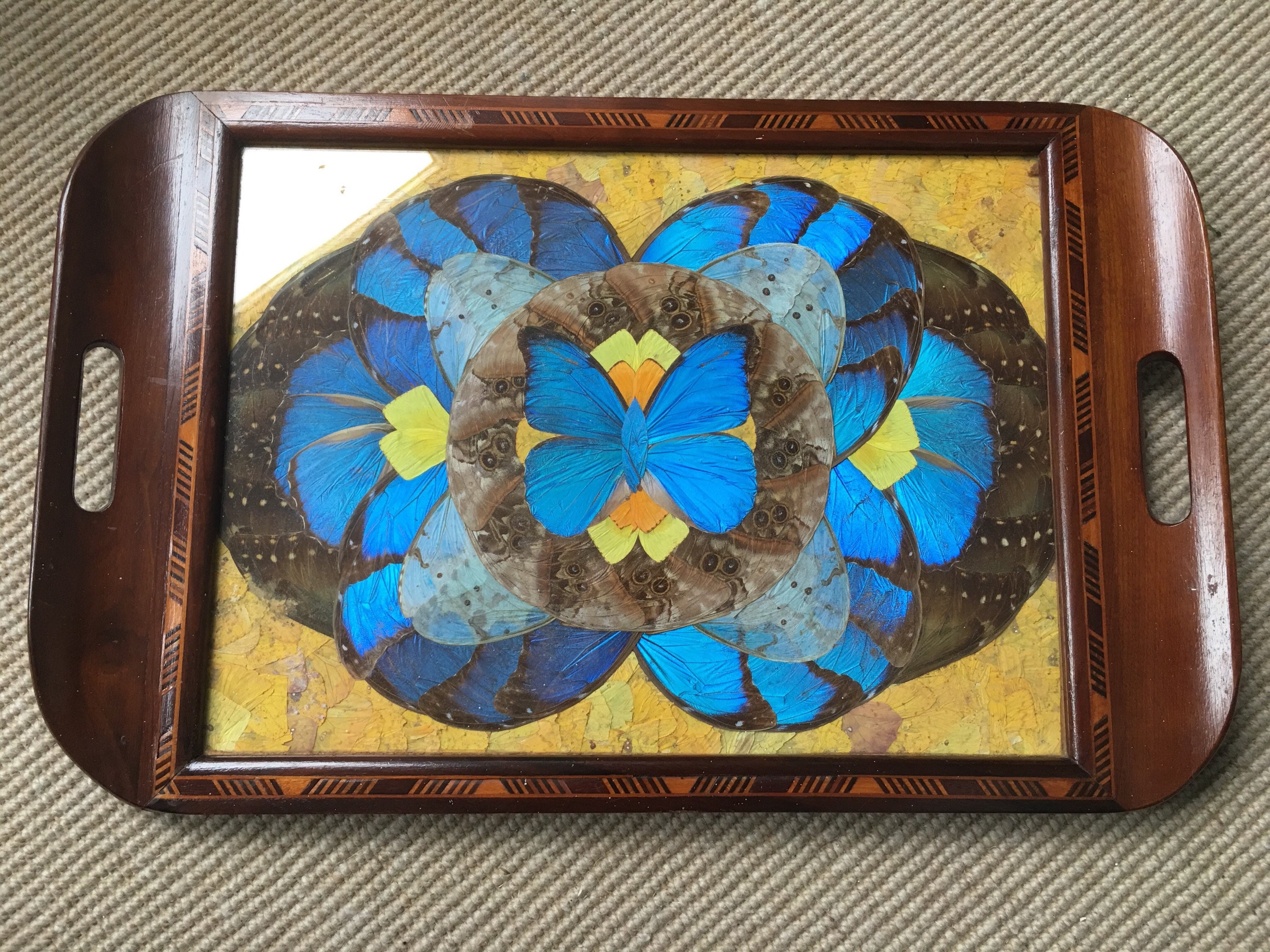 Brazilian Art Deco butterfly tray with exotic wood marquetry