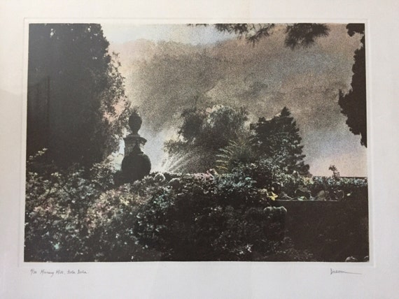 Canadian artist Jennifer Dickson RA, hand coloured mezzo screen print entitled 'Morning Mist, Isola Bella'