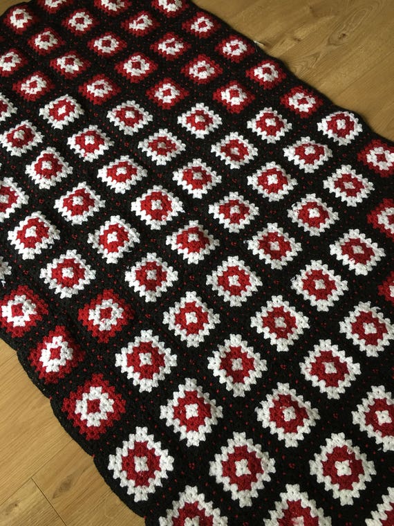 Vintage Swedish Scandinavian Granny squares crochet blanket in red and black wool