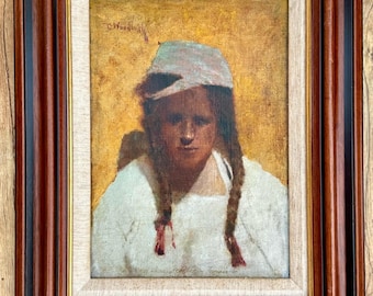 David Woodlock (1842-1929), Arab School, Oil on card, 'An Arab Girl in market’