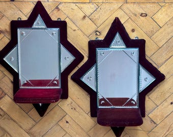 late Victorian pair of Sorcerers mirrors on red velvet frame