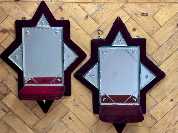 late Victorian pair of Sorcerers mirrors on red velvet frame