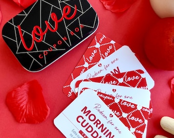 Valentine Love Coupons for Couples • 30 Romantic Surprise Cards • Personalized Gift in Black Tin Box • Valentine’s Day Gift