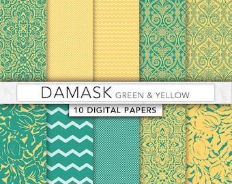 Green digital Paper,green Damask paper, green paper, damask patterns,instant download- DAM007