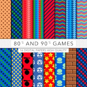 May include: 16 digital papers featuring retro video game themed patterns in bright colors like red, blue, green, yellow, and brown. The patterns include stars, bricks, dots, and geometric shapes. The text "80's AND 90's GAMES" and "16 DIGITAL PAPERS HIGH QUALITY" is included in the image.