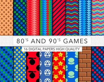 80er und 90er Jahre Spiele digitales Papier, Scrapbook, Hintergrund, Textur, Mario, Videospiele MB001