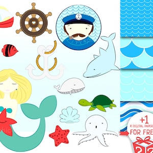 Sea World Clipart, nautisches Clipart, nautisches digitales Papier, Delfin Clip Art, Sirene Clip Art + 1 x Surprise dig. Papierpackung for FREE!- SW001
