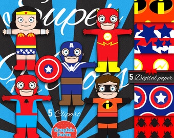 Paquet de super héros - Papier numérique et clipart, papier de scrapbooking, téléchargement immédiat SH02
