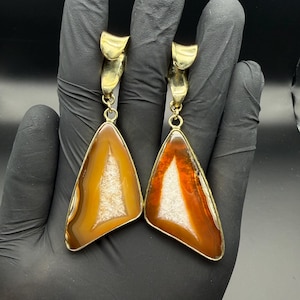 2 Tone Sumatra Agate Slice "Wing Shape" & Brass - Ear Weights