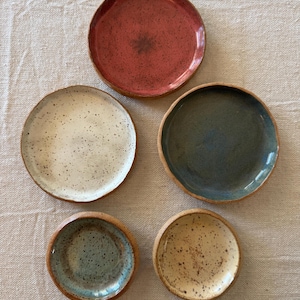 May include: A collection of five circular ceramic dishes with irregular edges. The set includes one large red speckled dish, one medium cream speckled dish, one medium dark blue dish, one small blue-grey speckled dish, and one small tan speckled dish.