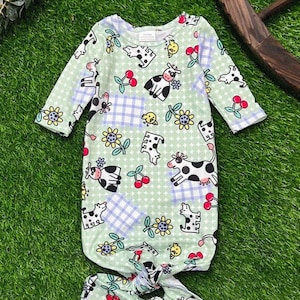 Baby Gown Cow and Cherry gown  personalized baby beanie cap  Baby animals Sleeper   baby boy  Baby Girl sleeper gown