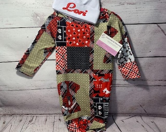Baby Gown patch puppy  newborn baby gown.  Baby Sleeper   baby girl outfits   Baby Boutique   baby take home outfit   baby girl sleeper gown