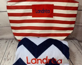 Personalized Tote and Towel SET   Beach Bag  Beach Towel   Monogrammed Tote Bag     Embroidered Totes      Pool Bags   Boat tote