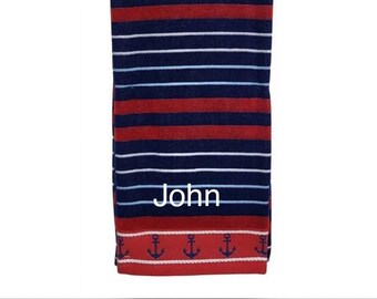 Personalized Beach Towel embroidered monogram  anchor striped   Monogrammed