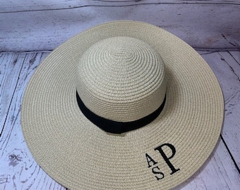 monogrammed straw Floppy sun Hat      Embroidered Hats   beach hats    Vacation Hats   Custom Embroidery