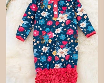 Baby Gown Floral navy newborn baby gown.  Baby Sleeper   baby girl outfits   Baby Boutique   baby take home outfit   baby girl sleeper gown