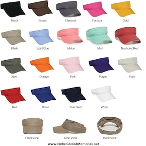 Puede incluir: Una colecci&oacute;n de veintitr&eacute;s viseras para el sol en varios colores s&oacute;lidos, incluyendo negro, marr&oacute;n, carb&oacute;n, fucsia, oro, caqui, azul claro, mel&oacute;n, menta, rojo nantucket, oliva, naranja, rosa, morado, masilla, rojo, azul real, azul marino y blanco.