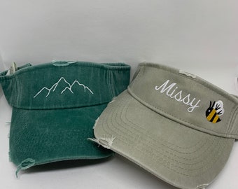 Custom Text Distressed VISORS   Embroidered Visor   Monogrammed    Personalized visors      personalized gift   Mothers Day gift