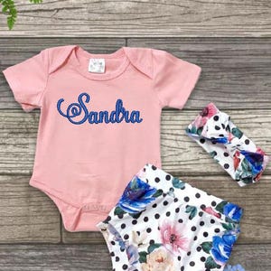 Floral baby outfit Bloomer and matching headband 3 piece set Monogrammed Blush one piece