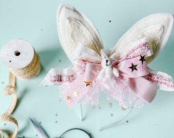 Bunny Ballerina Side Fascinator, Bunny Ears Headpiece, Bunny Headband, Felt Flowers, Bunny Easter Crown