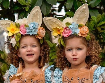 Twin Bunnies Headpiece, Felt Flower headband, Floral Crown, Felt Flowers Headband, Ester headband, Bunny crown