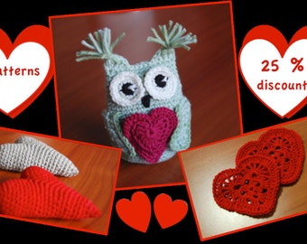 Valentine's crochet pattern bundle 25 % discount, owl holding heart, filled heart, heart coaster