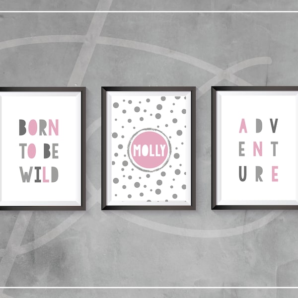 Girls Bedroom Decor - Personalised Wall Art - Pink Grey Polkadot - Adventure - Born to be Wild - Girls Bedroom Nursery Decor Playroom