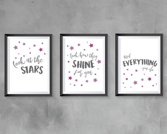 grey and pink decor Coldplay lyrics quotes Nursery bedroom prints set of 3