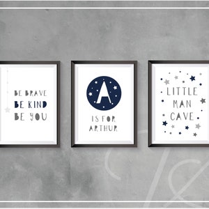 Nursery Decor Personalised Prints - Boys bedroom Wall Art Prints  - Grey and Navy - Home Decor - Little Man Cave - Be Brave - Stars