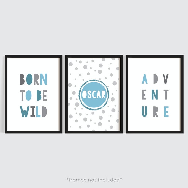 Boys Bedroom Decor - Personalised Wall Art - Blue Grey Polkadot - Adventure - Born to be Wild - Boys Bedroom Nursery Decor Playroom