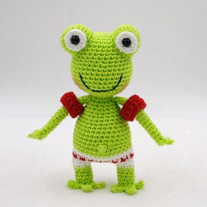 May include: A green crocheted frog wearing red and white swim trunks and red arm floaties.