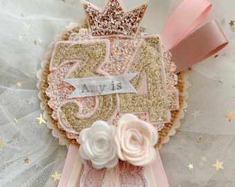 Princess Glitter Birthday Rosette, Personalised Birthday Badge,